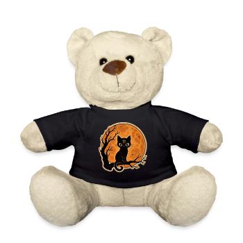 Black Cat in Front of Full Moon Halloween Motif - Teddy Bear - black - Front