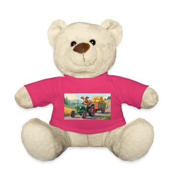 Vache sur tracteur vert avec chariot à foin - Nounours - rose - Devant