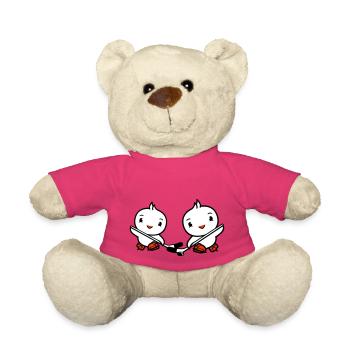 2 Birds Playing Hockey Sport Puck Two Stick - Teddy Bear - pink - Front