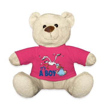 Stork with baby boy; "It's a boy" - Teddy Bear - pink - Front