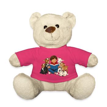 Junge liest kleinen Ziegen eine Geschichte vor - Teddy - Pink - Vorne