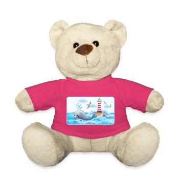 Funny Whale at the Lighthouse - Hand Painted - Teddy Bear - pink - Front