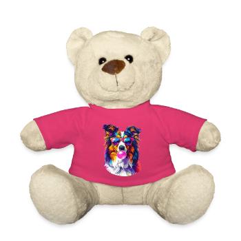 Bunter Sheltie mit Sonnenbrille und Bubblegum - Teddy - Pink - Vorne