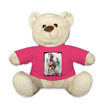 Aquarelle, course, chevaux sauvages, plage, sable, joie de vivre - Nounours - rose - Devant