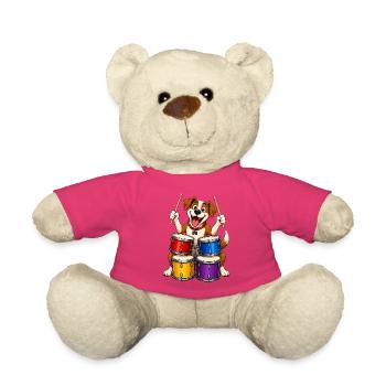 Excited Dog Playing Four Piece Drums - Teddy Bear - pink - Front