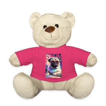 Bürohund Mops mit Laptop und pinker Brille Pop Art - Teddy - Pink - Vorne