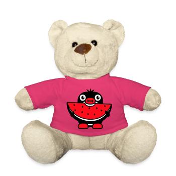 Le pingouin mange du melon fruit délicieux faim morsure fraîche - Nounours - rose - Devant