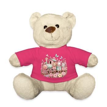 Pastel Train with Critters and Flowers - Teddy Bear - pink - Front