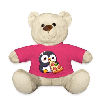 Cute Penguin Cartoon Pizza Food Chill Lazing - Teddy Bear - pink - Front