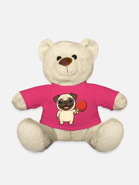 Cute Pug Playing Table Tennis Cartoon Dog - Teddy Bear - pink