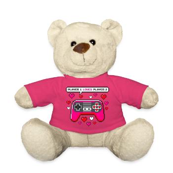 Player 1 Loves Player 2 Retro Video Game Valentine - Teddy Bear - pink - Front
