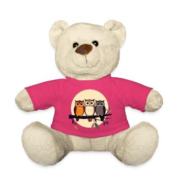 Drei Eulen auf Ast im Mondlicht Eule Motiv - Teddy - Pink - Vorne