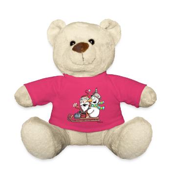 Santa Claus and Snowman - Sledge - Christmas - Teddy Bear - pink - Front