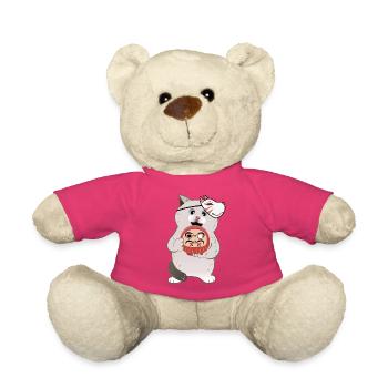 Süße Katze hält Daruma mit Kabuki Maske - Teddy - Pink - Vorne