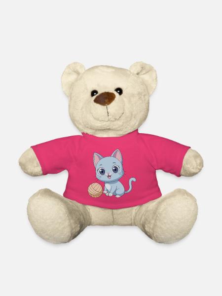 Playful Blue Kitten with Ball of Yarn - Teddy Bear - pink