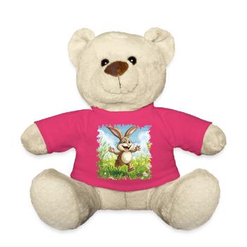 Cheerful bunny in spring meadow - Teddy Bear - pink - Front
