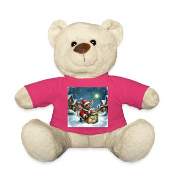 Lutin de Noël pousse un cadeau enneigé - Nounours - rose - Devant