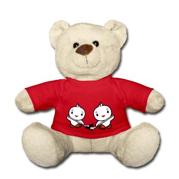 2 Birds Playing Hockey Sport Puck Two Stick - Teddy Bear - red - Front