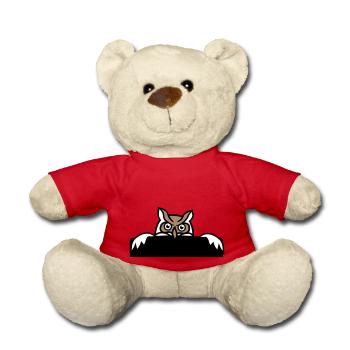 Eule versteckt sich hinter Mauer Zaun Wand Schild - Teddy - Rot - Vorne