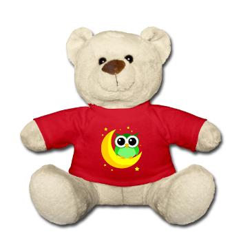 Green Owl On Moon Cartoon Predator Bird Nocturnal - Teddy Bear - red - Front