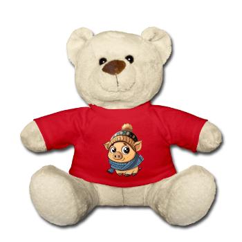 Niedliches Schweinchen mit Schal und Pudelmütze. - Teddy - Rot - Vorne