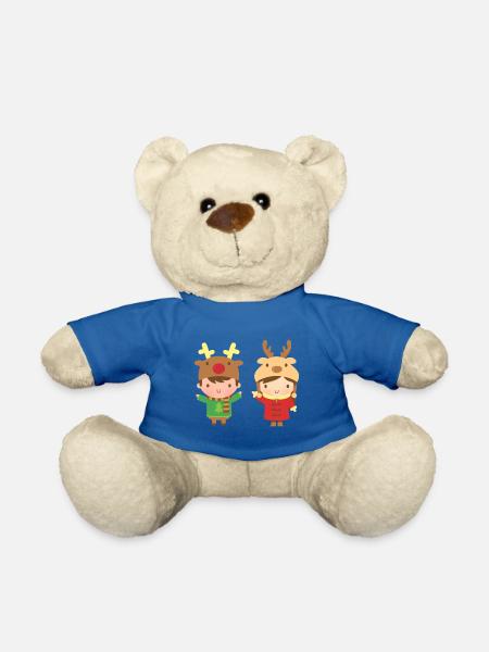 Süße Weihnachtskinder mit Rentierhüten - Teddy - Königsblau