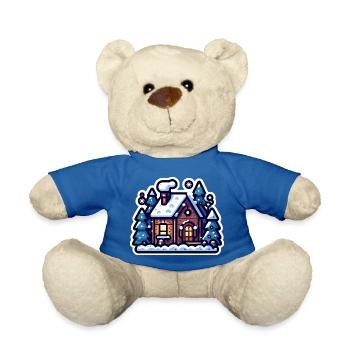 Gemütliche Winterhütte: Festliche Urlaubsillustration - Teddy - Königsblau - Vorne