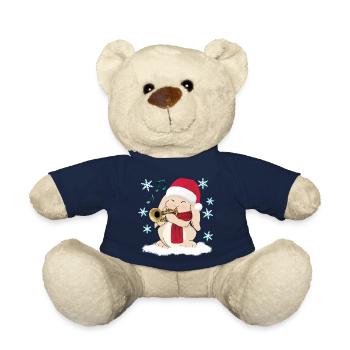 Trompettiste de Noël Lapin mignon au chapeau de Père Noël - Nounours - bleu marine - Devant
