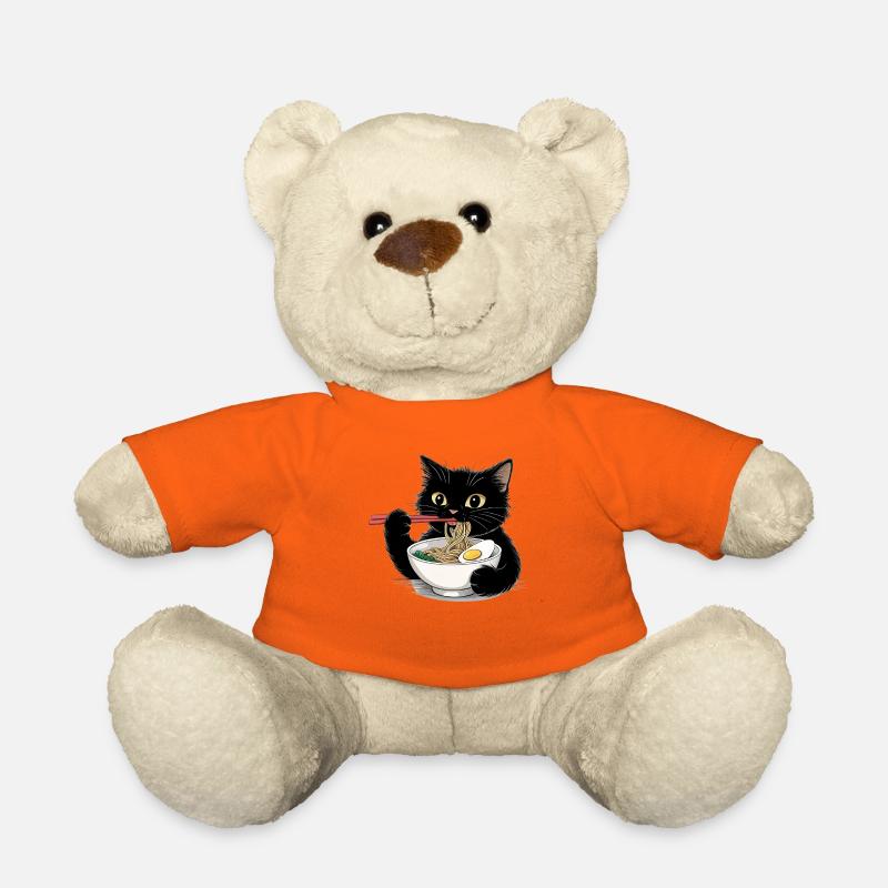 Chat noir mangeant des nouilles ramen - Nounours - orange doré