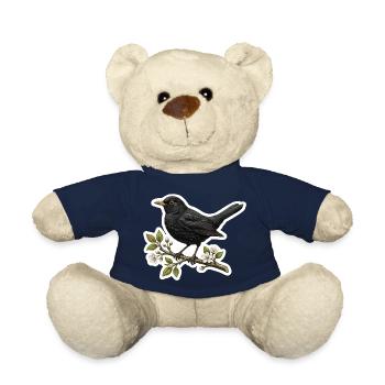 Merle sur branche fleurie - Conception printanière - Nounours - bleu marine - Devant