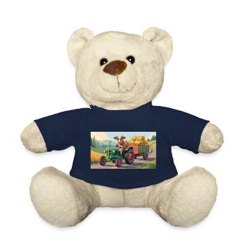 Cow on green tractor with hay wagon - Teddy Bear - french navy - Front