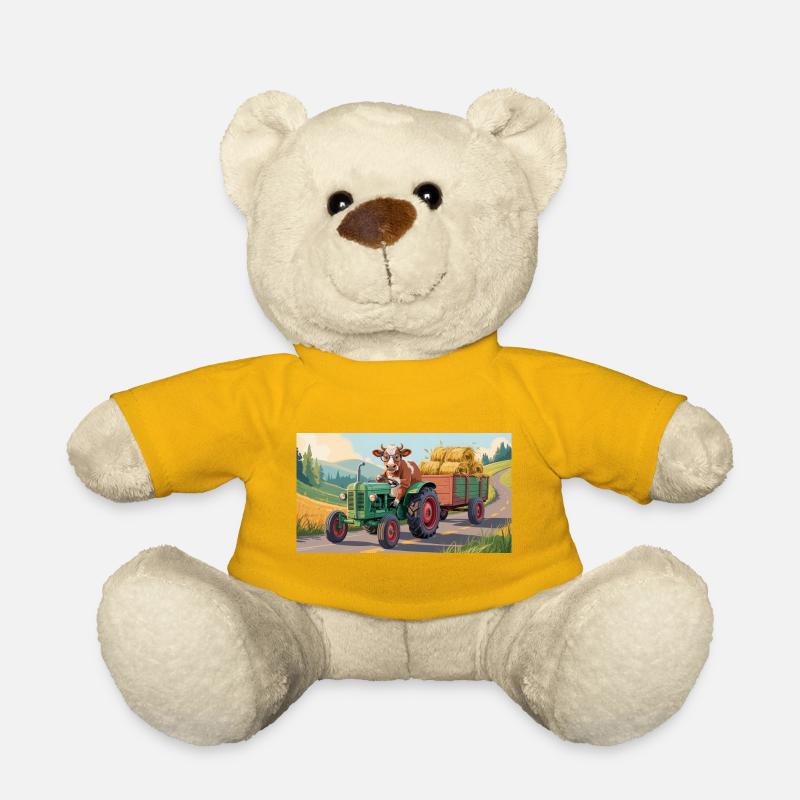 Kuh auf grünem Traktor mit Heuwagen - Teddy - Sonnengelb
