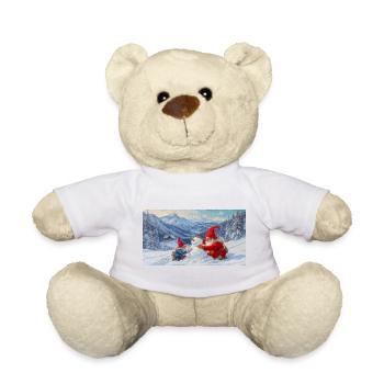 Deux nains et bonhomme de neige dans le paysage hivernal - Nounours - jaune soleil - Devant