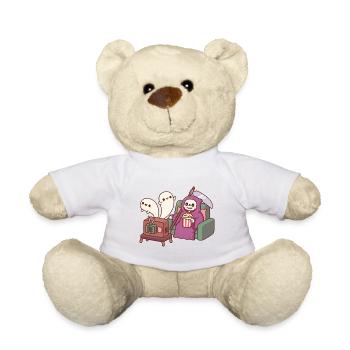 Cute Grim Reaper With Popcorn And Flying Ghosts  - Teddy Bear - sun yellow - Front