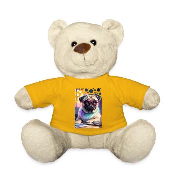Bureau Chien Carlin avec Ordinateur Portable et Lunettes Roses Pop Art - Nounours - jaune soleil - Devant