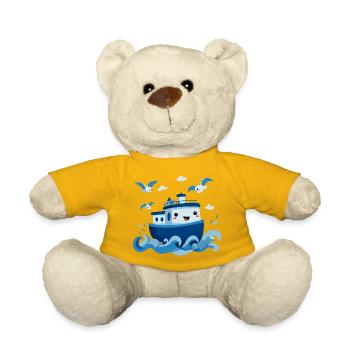 Cheerful Blue Boat at Sea - Teddy Bear - sun yellow - Front
