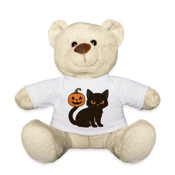 Schwarze Katze mit Halloween Kürbis - Teddy - Sonnengelb - Vorne