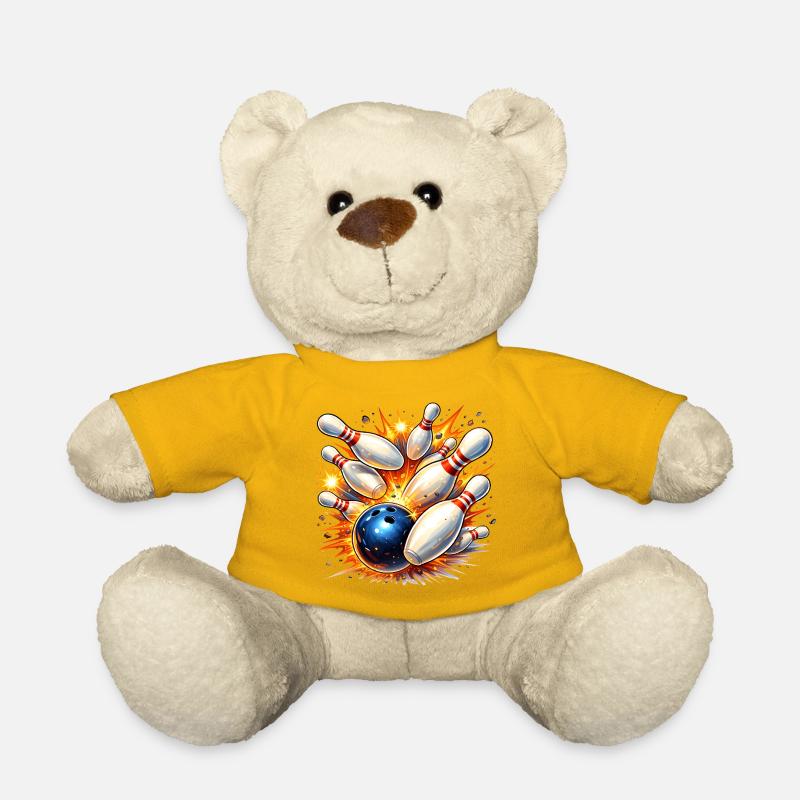 Bowlingkugel räumt Kegel ab – Volltreffer - Teddy - Sonnengelb