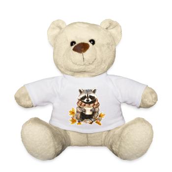 Autumn leaves cozy fall raccoon with cup of coffee - Teddy Bear - sun yellow - Front
