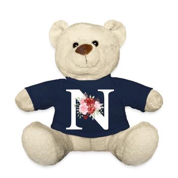 Red Floral Letter N - Teddy Bear - french navy - Front