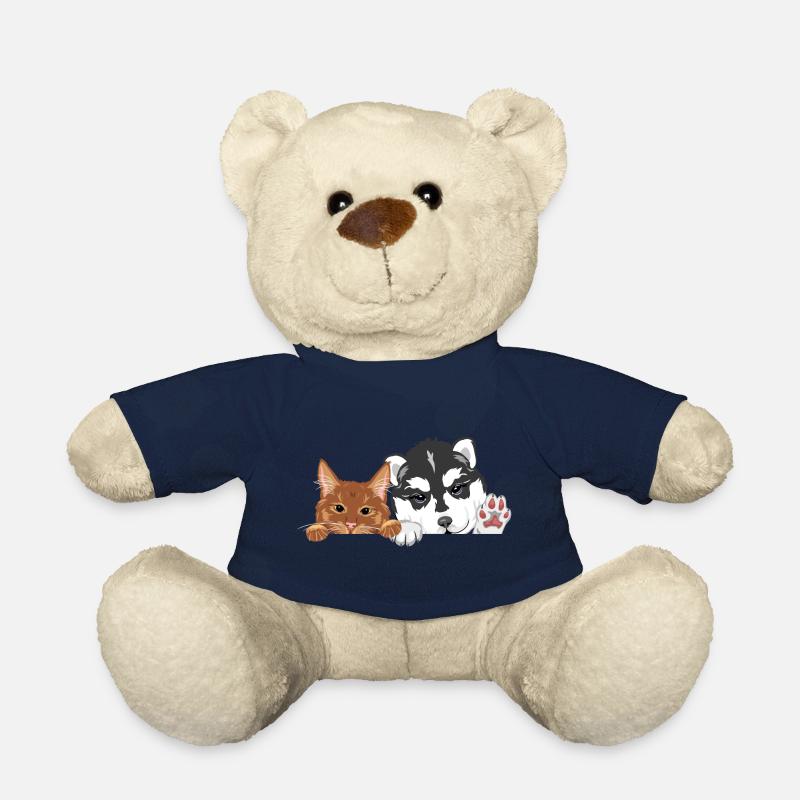 Coup d’œil drôle de chat roux et chien husky - Nounours - bleu marine