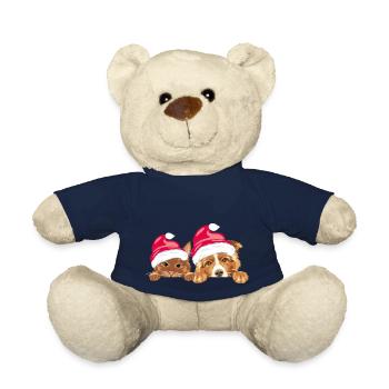 Guckende rote Katze und Hund mit Weihnachtsmannmützen - Teddy - French Navy - Vorne