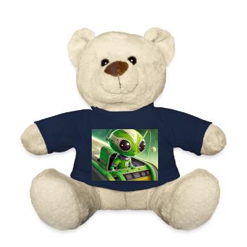 cute little green retro vintage alien flying a UFO - Teddy Bear - french navy - Front