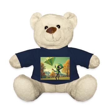 cute little green retro vintage alien fly a kite - Teddy Bear - french navy - Front