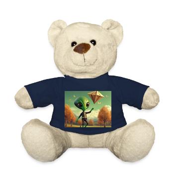 cute little green retro vintage alien fly a kite - Teddy Bear - french navy - Front