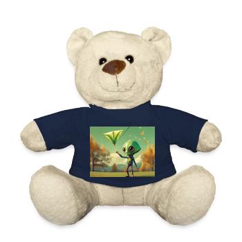 cute little green retro vintage alien fly a kite - Teddy Bear - french navy - Front