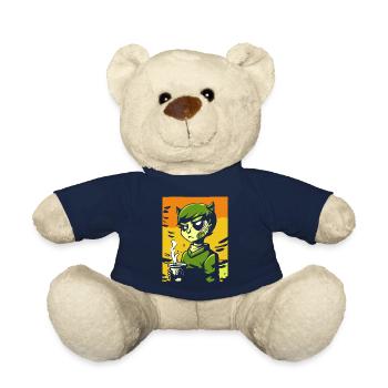 Cartoon Manga Anime, Boy with Coffee - Teddy Bear - french navy - Front