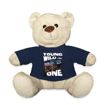 Young, Wild and 1st Birthday Boy Monster Truck - Teddy Bear - french navy - Front