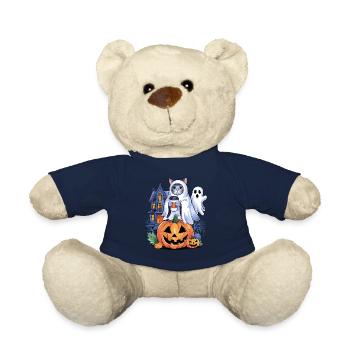 Chat d'Halloween avec citrouille et fantôme - Nounours - bleu marine - Devant