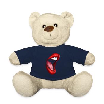 Big open Female Mouth Vampire Fangs with Blood - Teddy Bear - french navy - Front